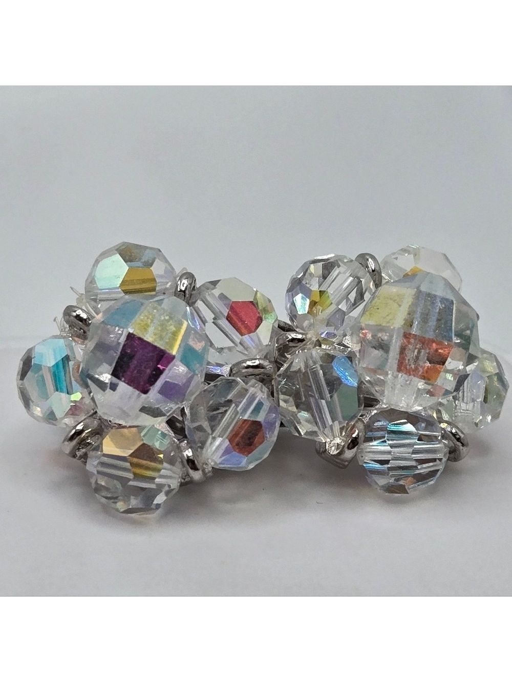 Aurora Borealis AB Handmade Beaded Flower Earrings Vintage Clip On - Picture 3 of 10